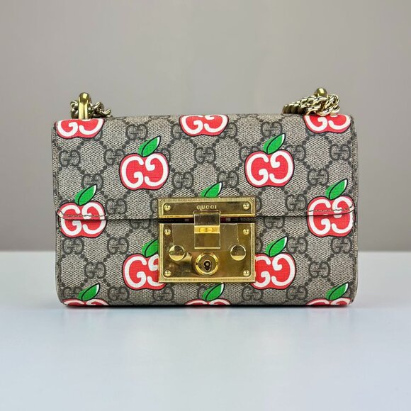 Gucci GG Logo Supreme Apple Print Small Padlock Shoulder Bag Crossbody - Picture 1 of 8